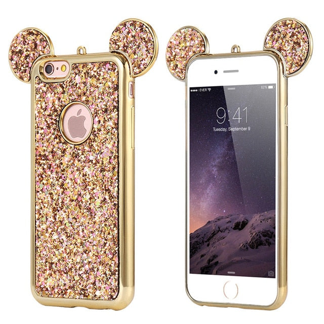 FLOVEME Glitter Cover For iPhone 6 6S Plus iPhone 7 8 Plus X Phone Case Cute 3D Mickey Mouse Coque Capa For iPhone SE 5S S Cases