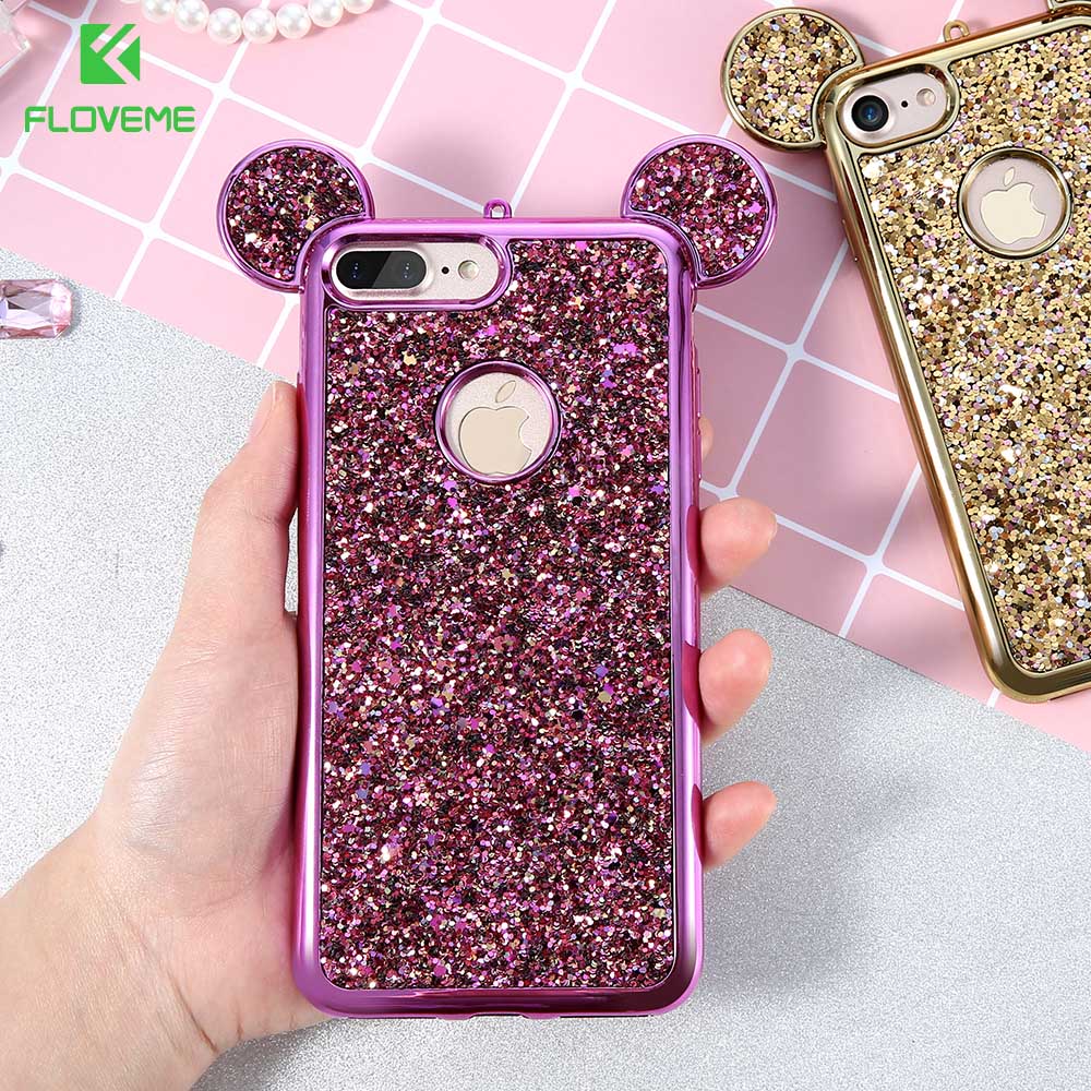 FLOVEME Glitter Cover For iPhone 6 6S Plus iPhone 7 8 Plus X Phone Case Cute 3D Mickey Mouse Coque Capa For iPhone SE 5S S Cases