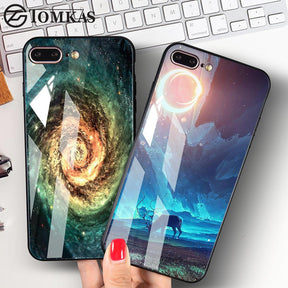 TOMKAS Space Star Case For iPhone X Xs Case PC+Tempered Glass Patterned For iPhone 7 6 S 6s 8 Plus Cases Silicone Edge Cover