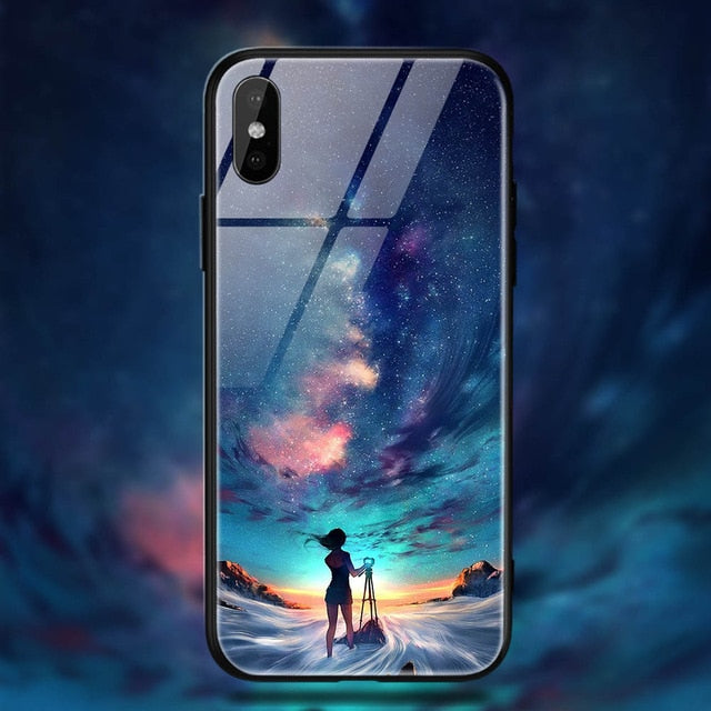 TOMKAS Space Star Case For iPhone X Xs Case PC+Tempered Glass Patterned For iPhone 7 6 S 6s 8 Plus Cases Silicone Edge Cover