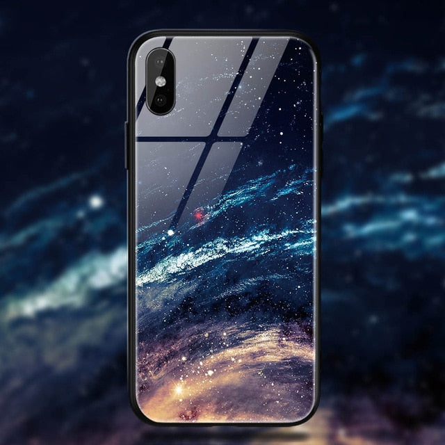 TOMKAS Space Star Case For iPhone X Xs Case PC+Tempered Glass Patterned For iPhone 7 6 S 6s 8 Plus Cases Silicone Edge Cover