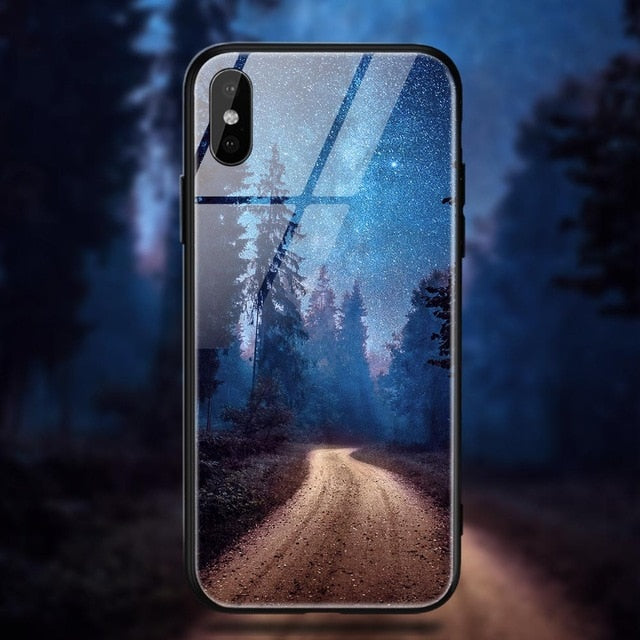 TOMKAS Space Star Case For iPhone X Xs Case PC+Tempered Glass Patterned For iPhone 7 6 S 6s 8 Plus Cases Silicone Edge Cover