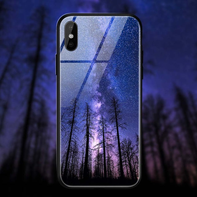 TOMKAS Space Star Case For iPhone X Xs Case PC+Tempered Glass Patterned For iPhone 7 6 S 6s 8 Plus Cases Silicone Edge Cover