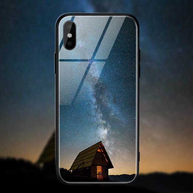 TOMKAS Space Star Case For iPhone X Xs Case PC+Tempered Glass Patterned For iPhone 7 6 S 6s 8 Plus Cases Silicone Edge Cover