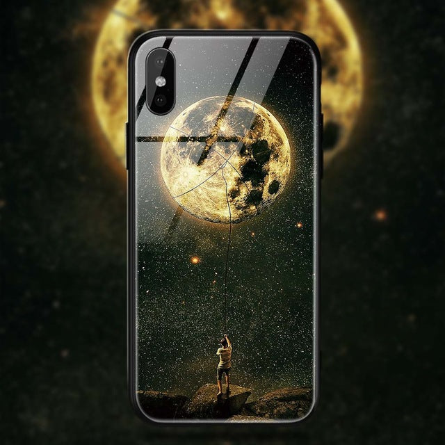 TOMKAS Space Star Case For iPhone X Xs Case PC+Tempered Glass Patterned For iPhone 7 6 S 6s 8 Plus Cases Silicone Edge Cover