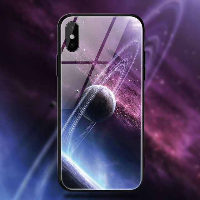 TOMKAS Space Star Case For iPhone X Xs Case PC+Tempered Glass Patterned For iPhone 7 6 S 6s 8 Plus Cases Silicone Edge Cover