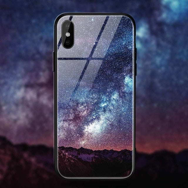 TOMKAS Space Star Case For iPhone X Xs Case PC+Tempered Glass Patterned For iPhone 7 6 S 6s 8 Plus Cases Silicone Edge Cover