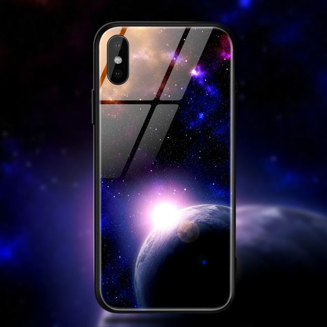 TOMKAS Space Star Case For iPhone X Xs Case PC+Tempered Glass Patterned For iPhone 7 6 S 6s 8 Plus Cases Silicone Edge Cover