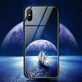 TOMKAS Space Star Case For iPhone X Xs Case PC+Tempered Glass Patterned For iPhone 7 6 S 6s 8 Plus Cases Silicone Edge Cover