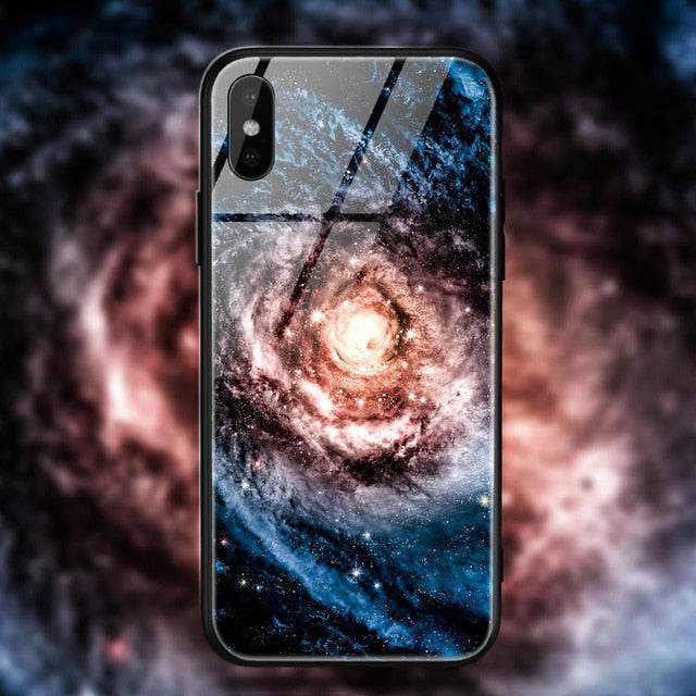 TOMKAS Space Star Case For iPhone X Xs Case PC+Tempered Glass Patterned For iPhone 7 6 S 6s 8 Plus Cases Silicone Edge Cover